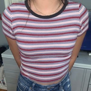 Cropped striped crew neck tee shirt
